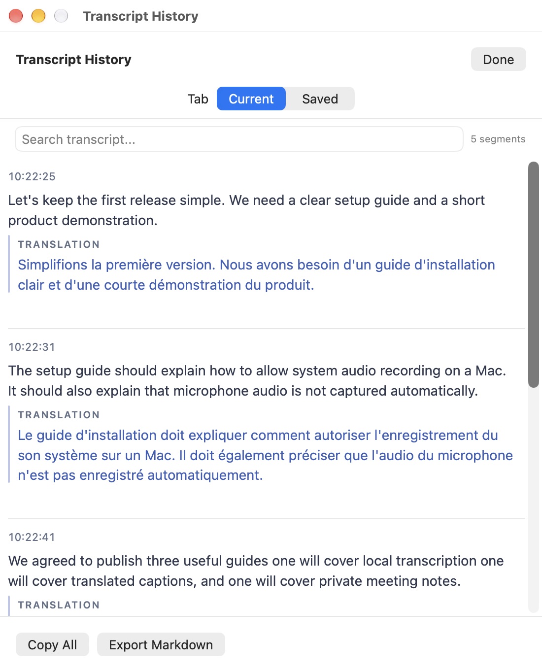 Sottola’s actual Transcript History showing the narrated planning sample and French translations after recording