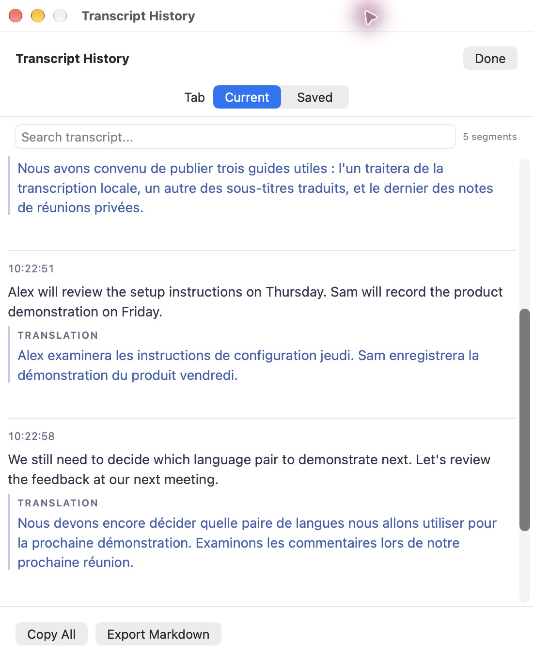 Real Sottola captions pairing the English planning sample with its locally generated French translation